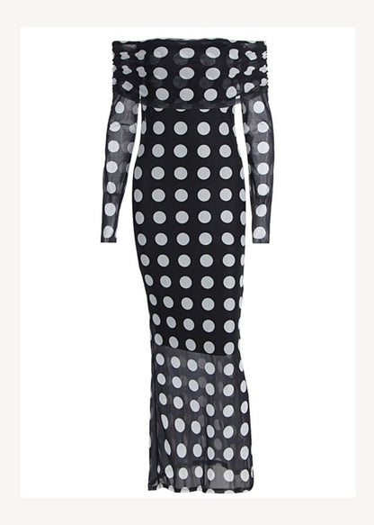 Black Cold Shoulder Dot Print Slim Tulle Dresses Spring