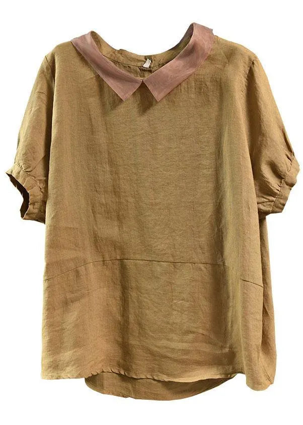 Green Patchwork Turn-down Collar Summer Short Sleeve Top
