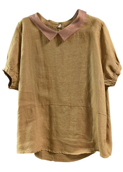 Green Patchwork Turn-down Collar Summer Short Sleeve Top