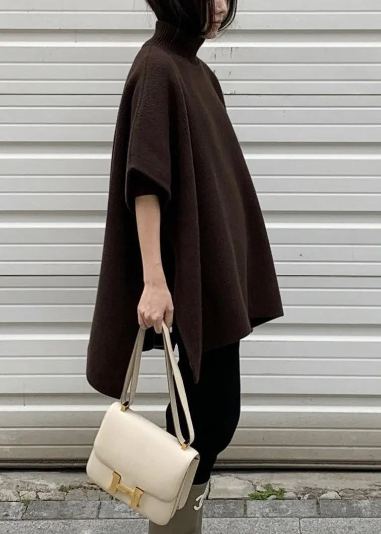 Grey Side Open Knit Cape Style Sweater Turtleneck Batwing Sleeve