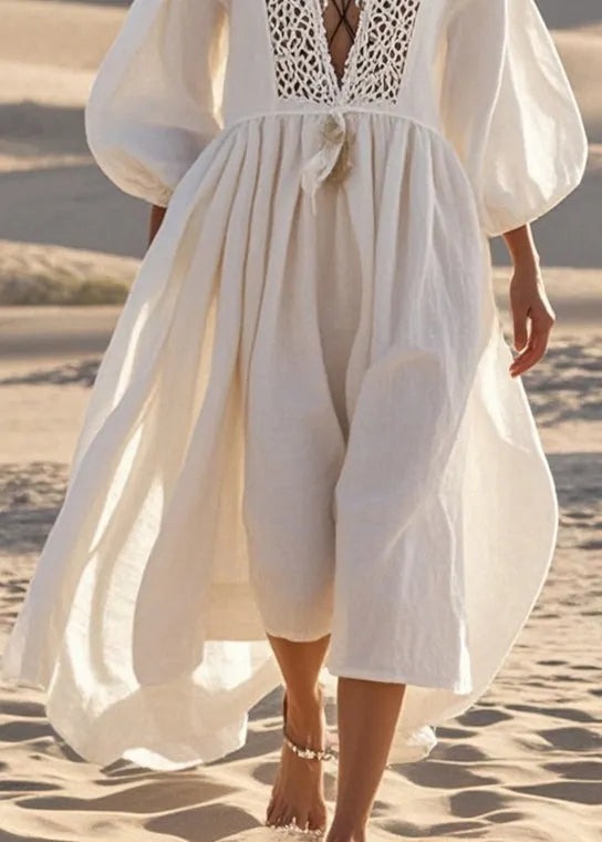 White V Neck Patchwork Lace Long Dresses Lantern Sleeve