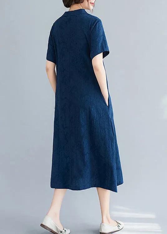 Navy Jacquard Linen Mid Dresses Embroidered Summer