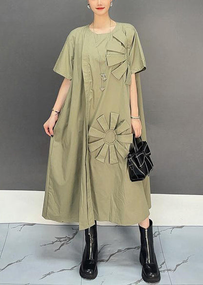 Loose Khaki O Neck Patchwork Cotton Dress Summer