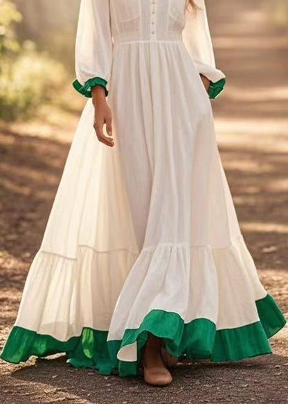White Patchwork Exra Large Hem Cotton Long Dress Spring