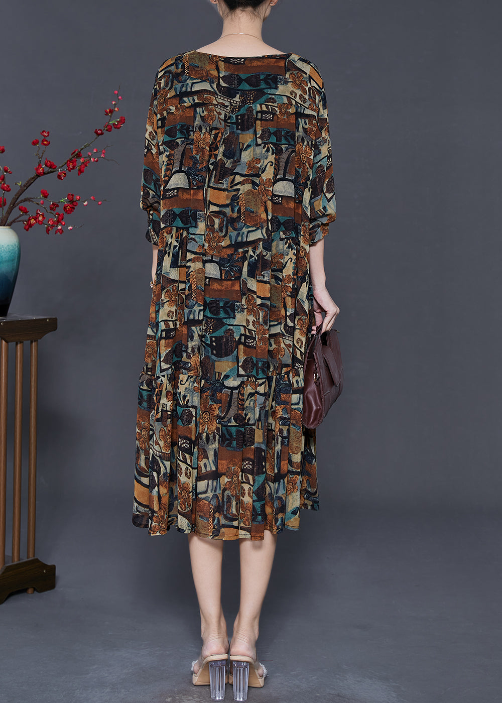 Brown Oversized Print Chiffon Vacation Dresses Fall