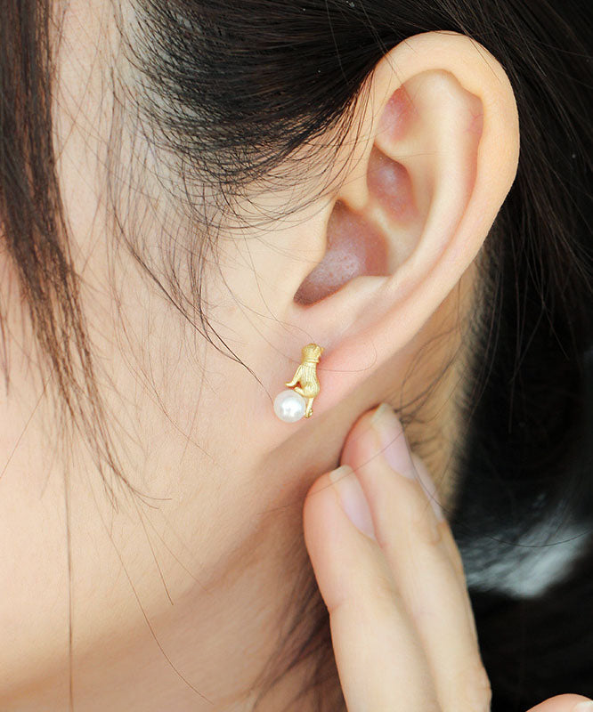 Yellow 14k Gold Cats Pearl Asymmetrical Design Stud Earrings