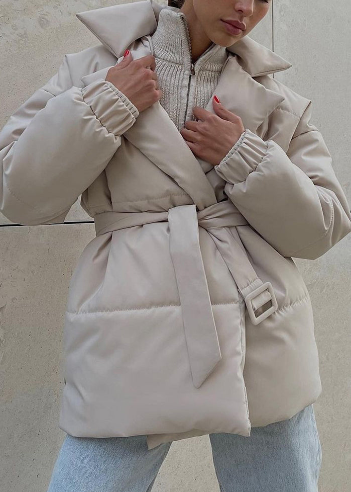 Grey Peter Pan Collar Tie Waist Fine Cotton Filled Coat Winter