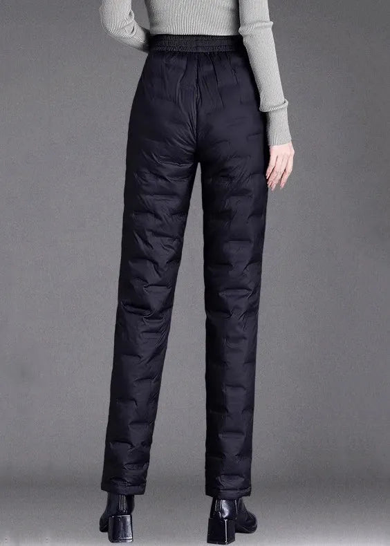 Black Elastic Waist Thick Duck Down Filled Straight Pants Plaid
