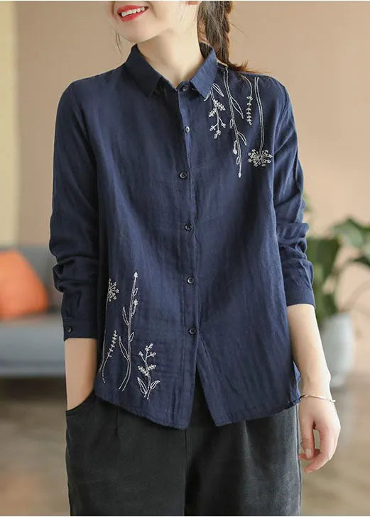 Navy Slim Fit Cotton Shirt Turn-down Collar Embroidered Spring