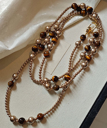 Original Design Coffee Tiger's Eye Stone Ball Double Tier Copper Long Necklace