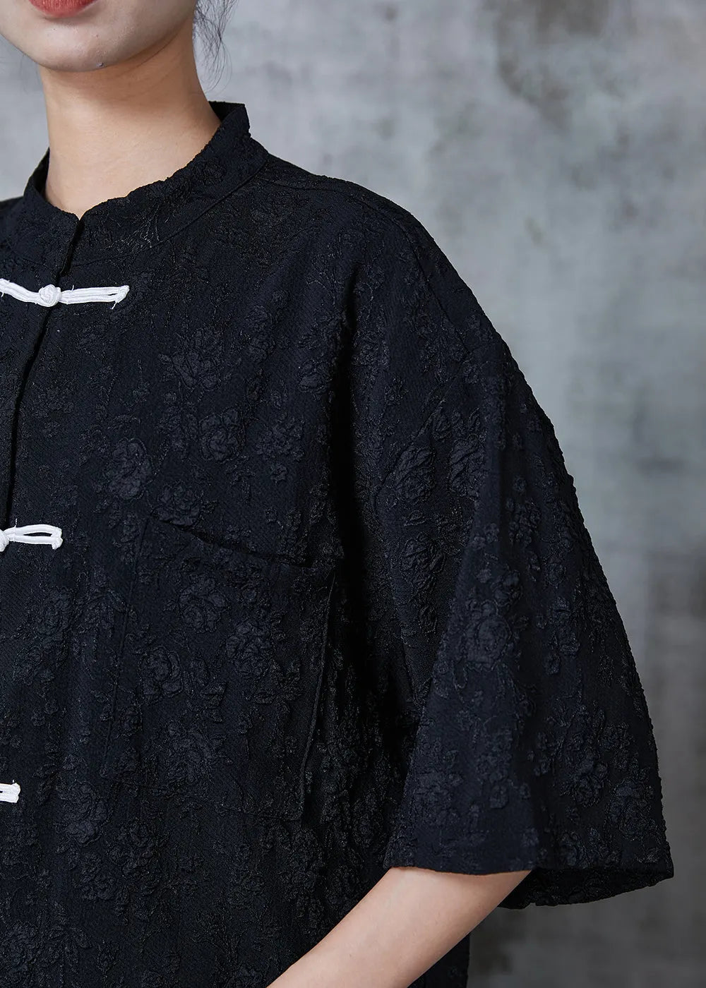 Black Jacquard Loose Silk Shirt Top Chinese Button Summer