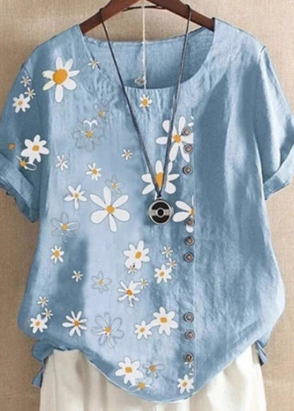 Loose Green O Neck Print Patchwork Cotton Blouses Top Summer