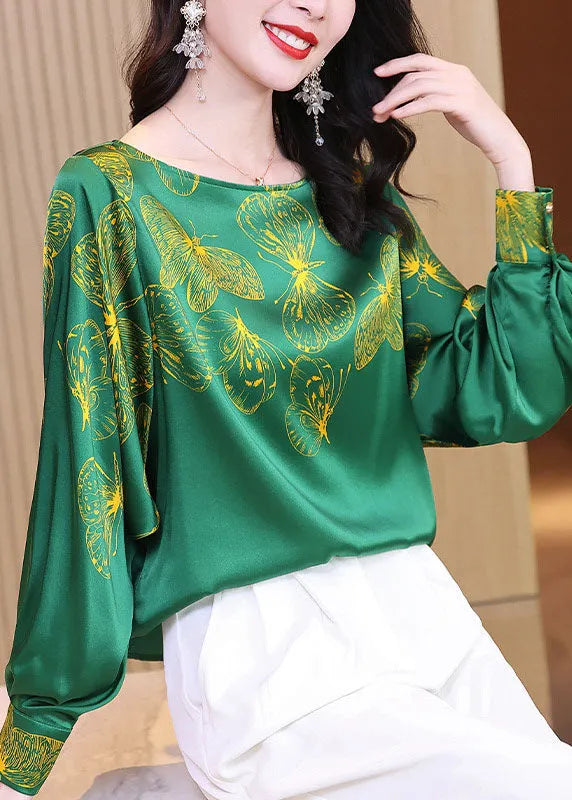 Green O-neck Butterfly Print Silk Blouse Tops Long Sleeve