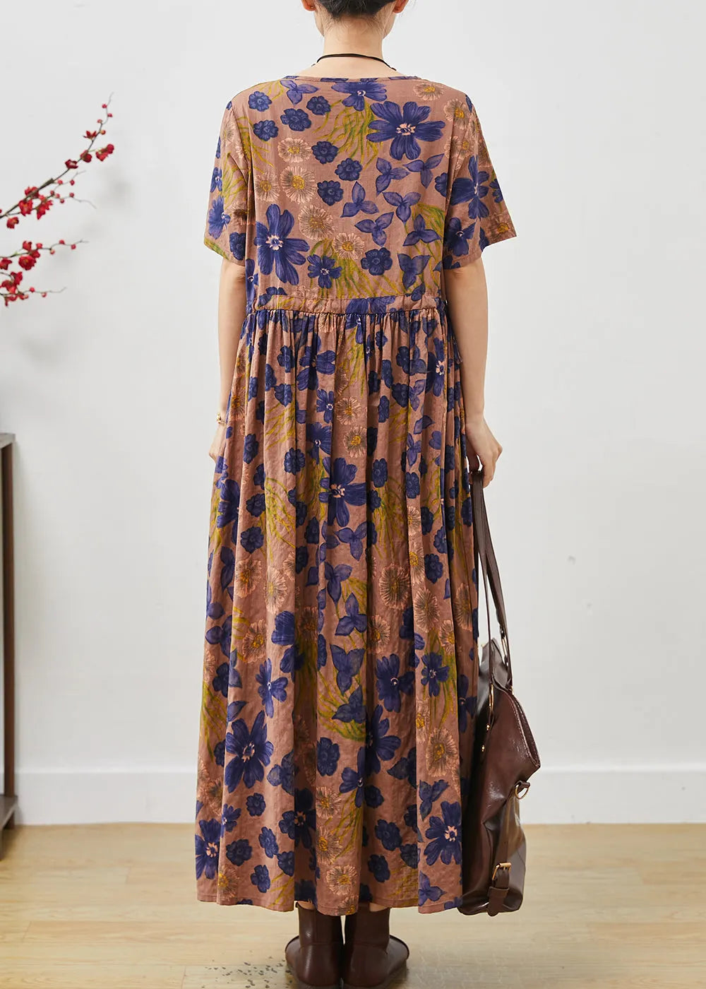 Brown Cinched Print Cotton Long Dresses Summer