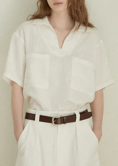 Simple Style Beige V Neck Pockets Linen Shirts Summer