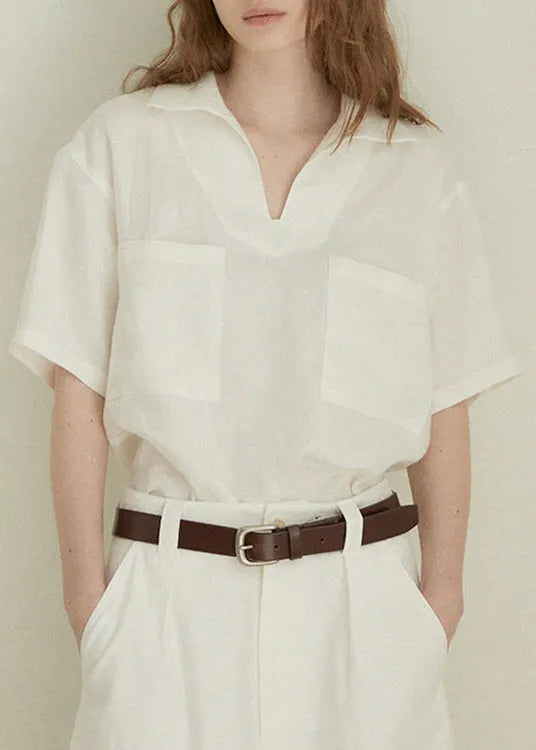 Simple Style Beige V Neck Pockets Linen Shirts Summer