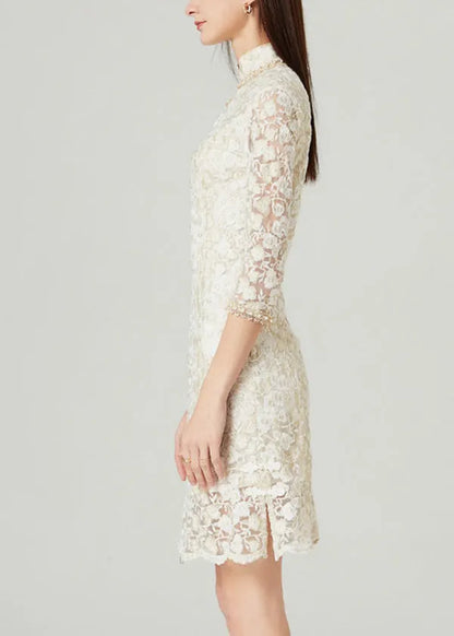 French Beige Stand Collar Nail Bead Oriental Button Lace Mid Dress Spring