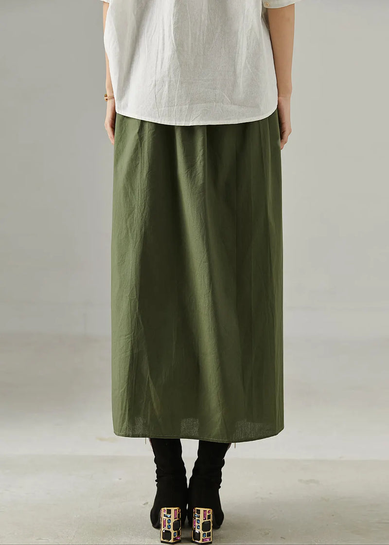 Green Patchwork Cotton a Line Skirt Elastic Waist Fall