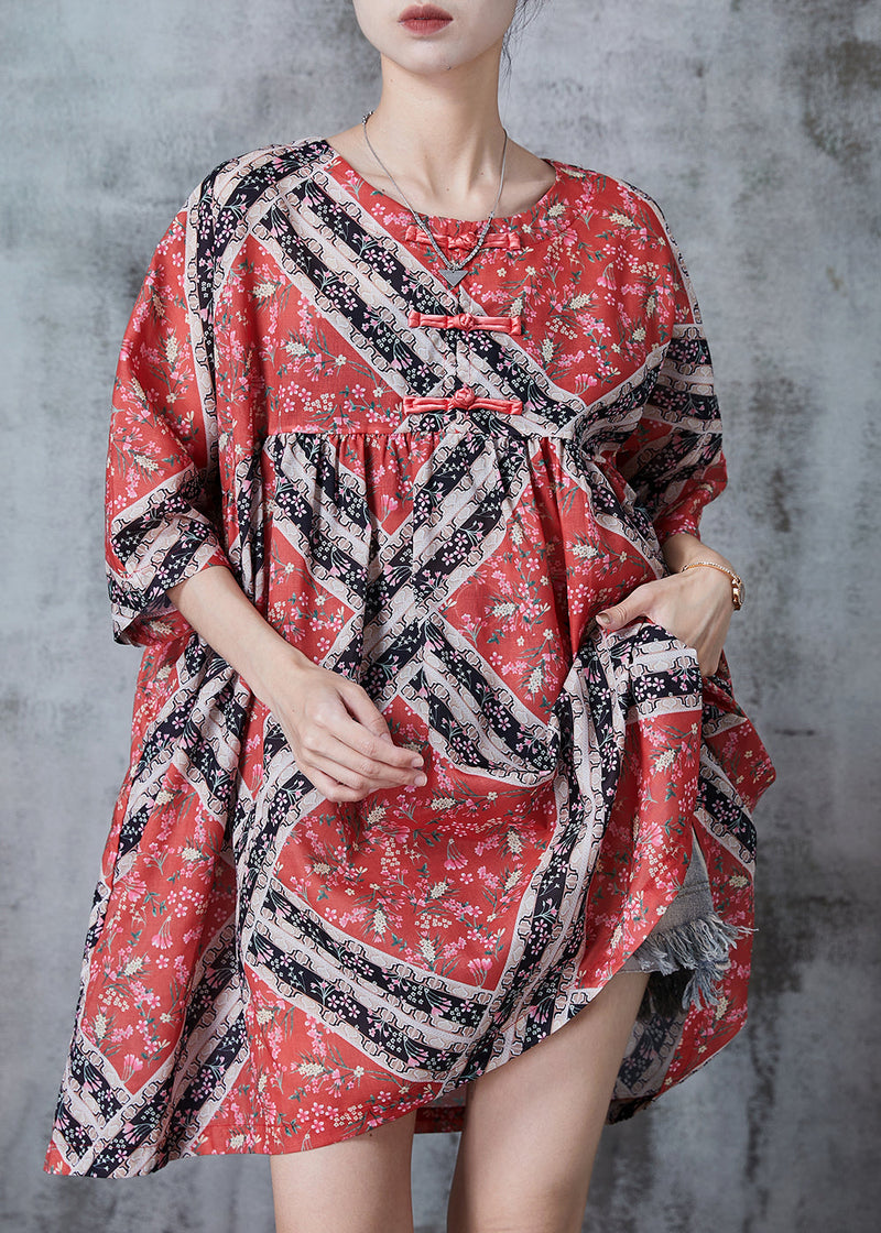 Red Oversized Print Cotton Mid Dresses Summer