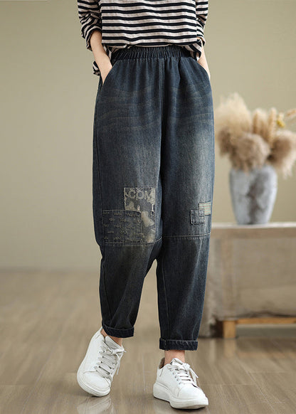 Navy Pockets Applique Elastic Waist Denim Pants Fall