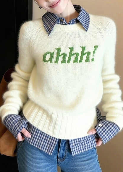 Diy Beige Letter Patchwork Knitted Fake Two Piece Sweater Winter