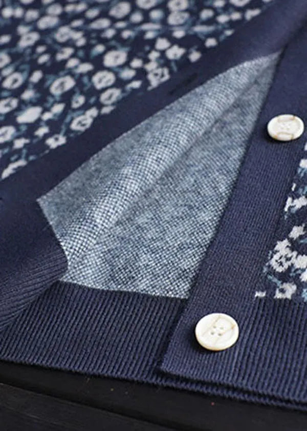 Blue V Neck Print Button Knit Cardigans Spring