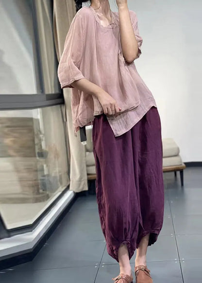 Pink Embroidered Linen Blouses Summer