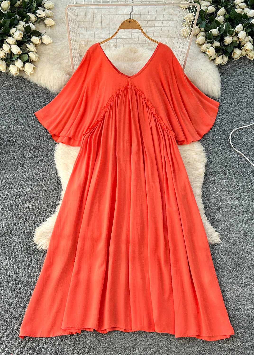 Orange Ruffled Cotton a Line Dresses Batwing Sleeve
