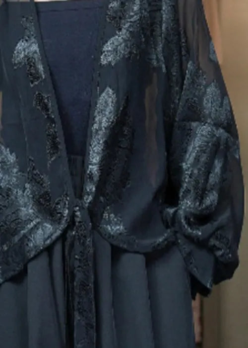 French Black V Neck Embroidered Lace Up Silk Cardigan Fall