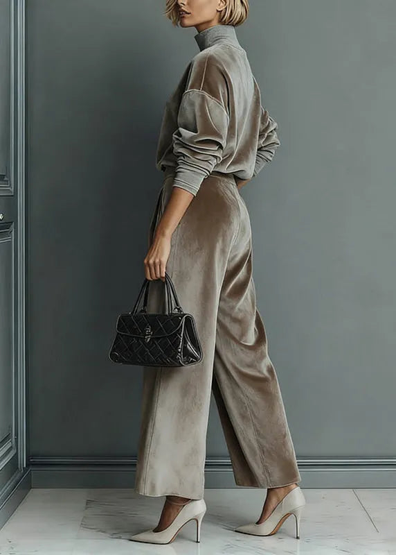 Loose Grey Turtleneck Patchwork Pullover and Wide Leg Pants Two Pieces Set Spring