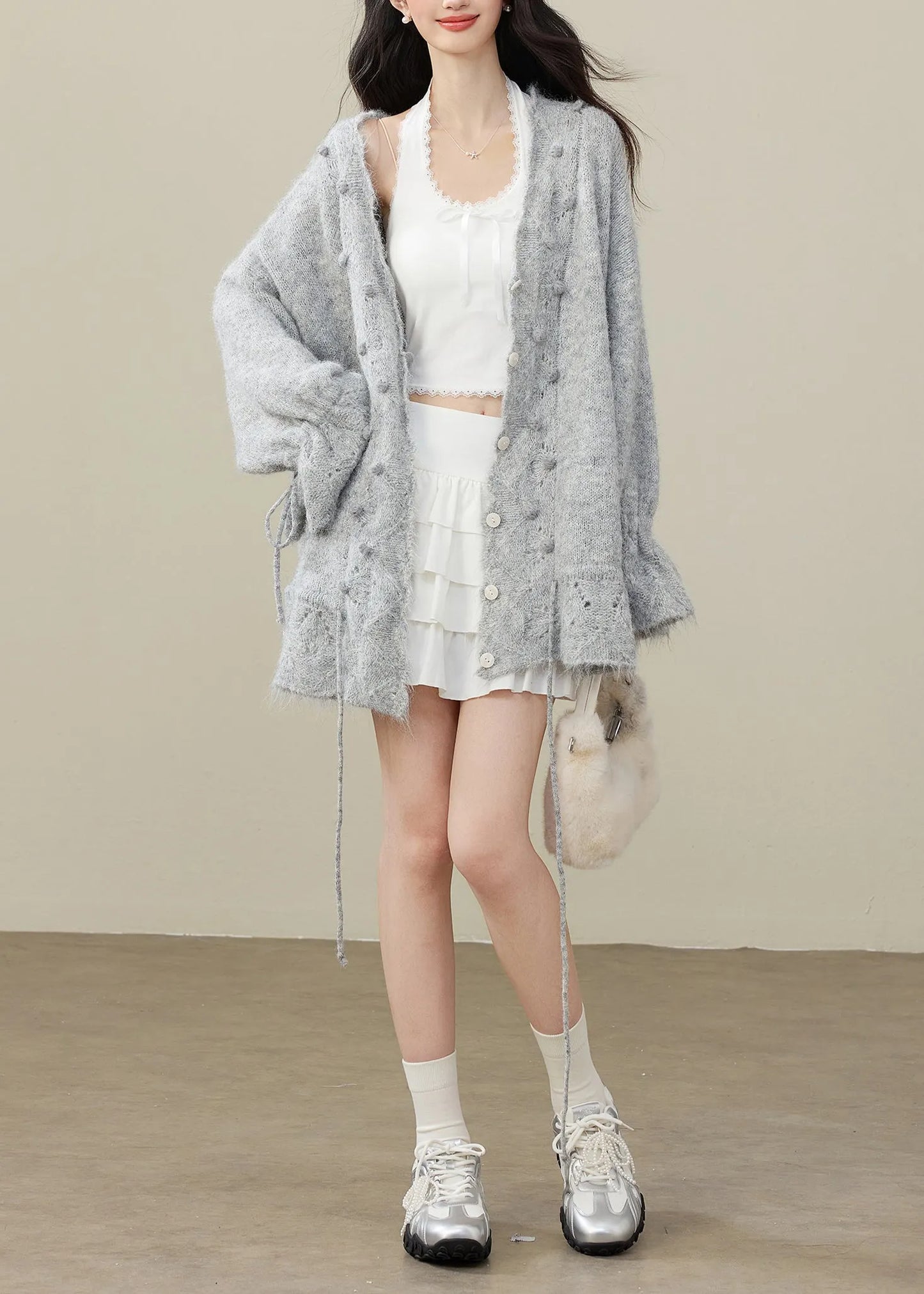 Grey Fuzzy Ball Decorated Drawstring Knit Cardigan Winter
