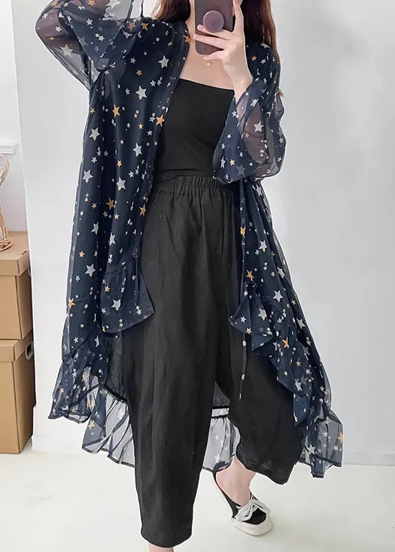 Navy Ruffled Print Chiffon Upf 50+ Cardigan Summer