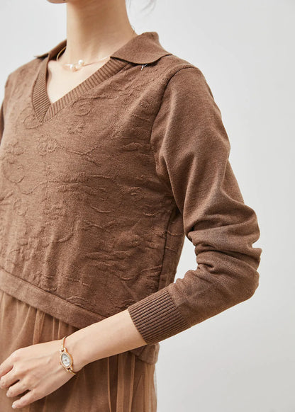 Khaki Jacquard Patchwork Wool Tulle Dress Summer