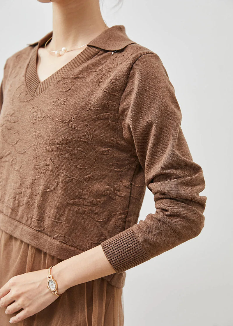 Khaki Jacquard Patchwork Wool Tulle Dress Summer