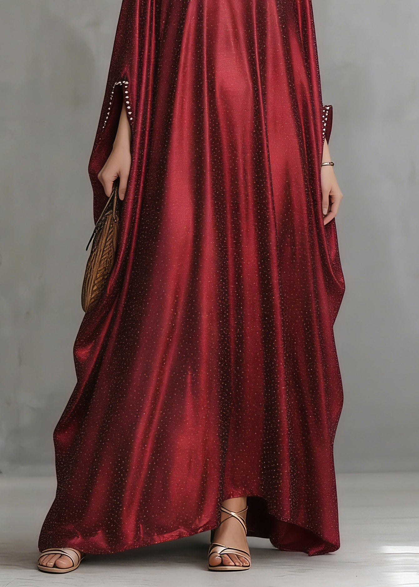 Red Patchwork Silk Maxi Dress Flare Sleeve