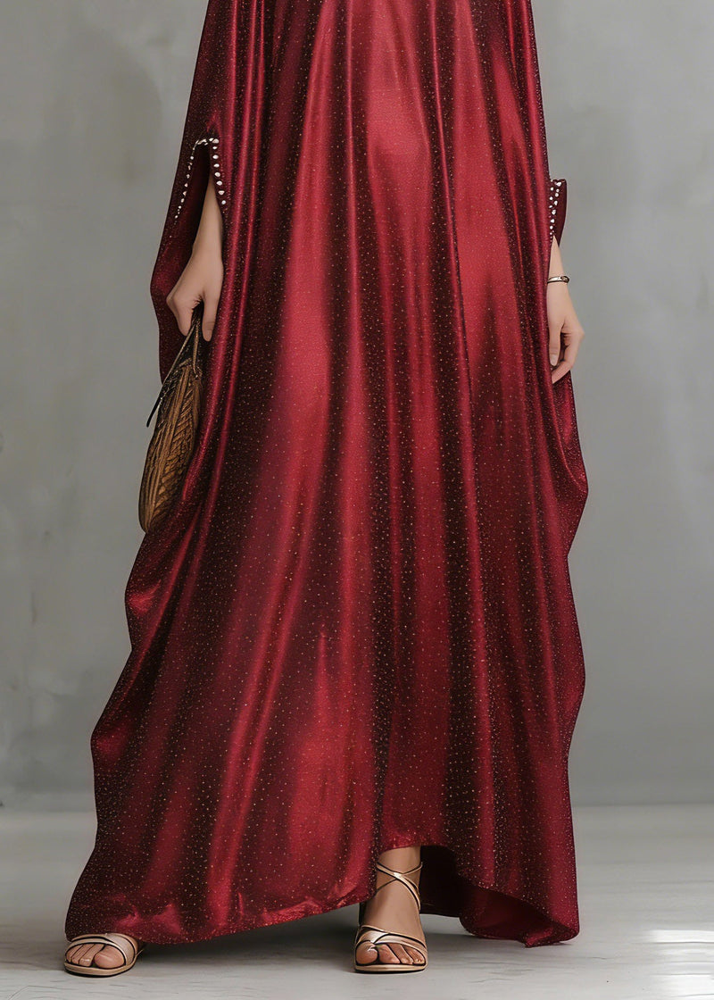 Red Patchwork Silk Maxi Dress Flare Sleeve