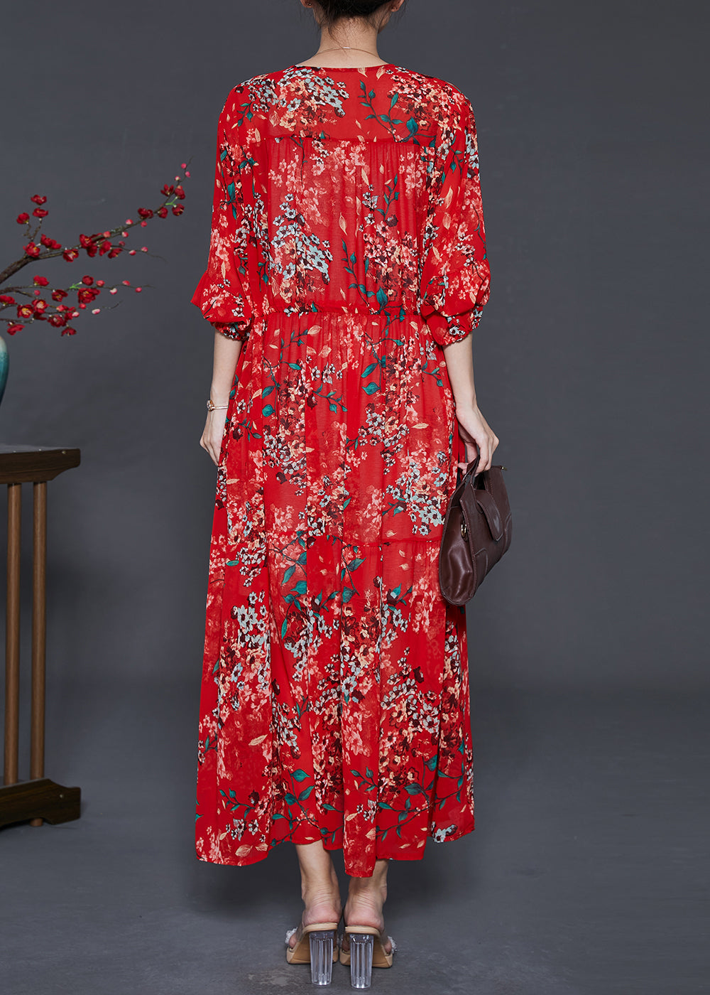 Red Cinched Print Chiffon Vacation Dresses Summer