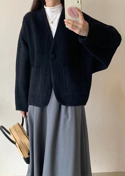 Coffee V Neck Pockets Woolen Short Coat Winter