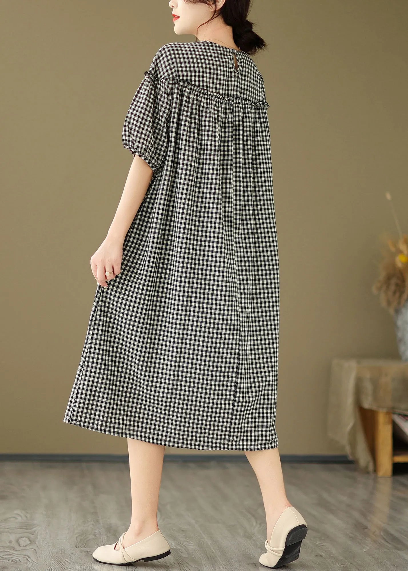 Black O Neck Plaid Ruffled Patchwork Cotton Dress Summer