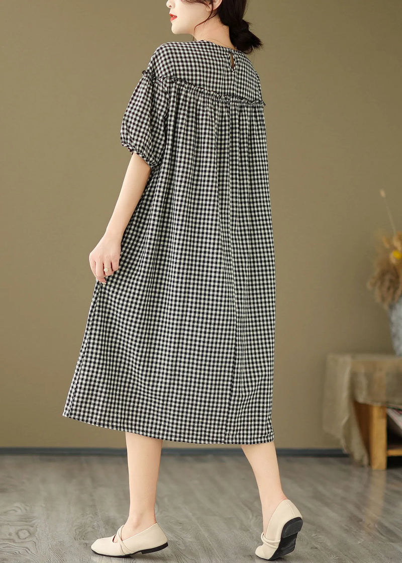 Black O Neck Plaid Ruffled Patchwork Cotton Dress Summer