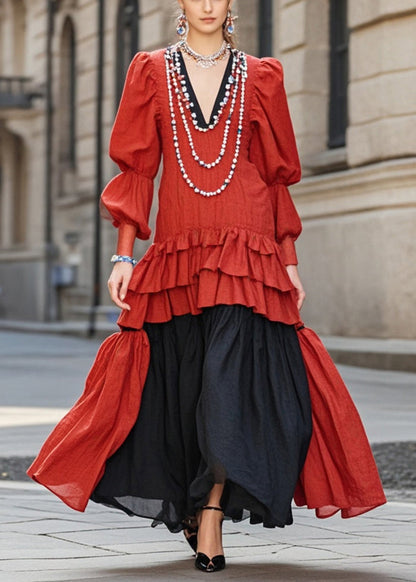 Red Ruffled Patchwork Cotton Vacation Dresses Lantern Sleeve