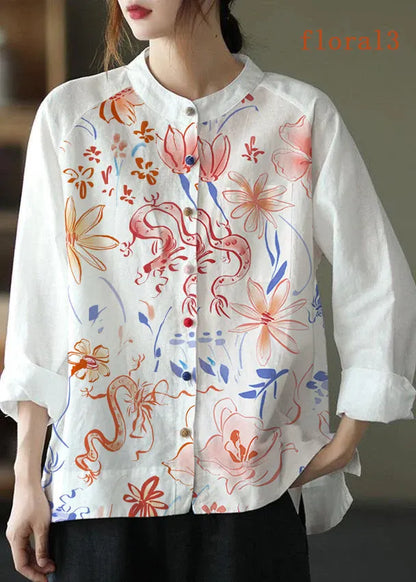 Modern Gray Crane Loose Patchwork Pockets Fall Long Sleeve Blouse Top