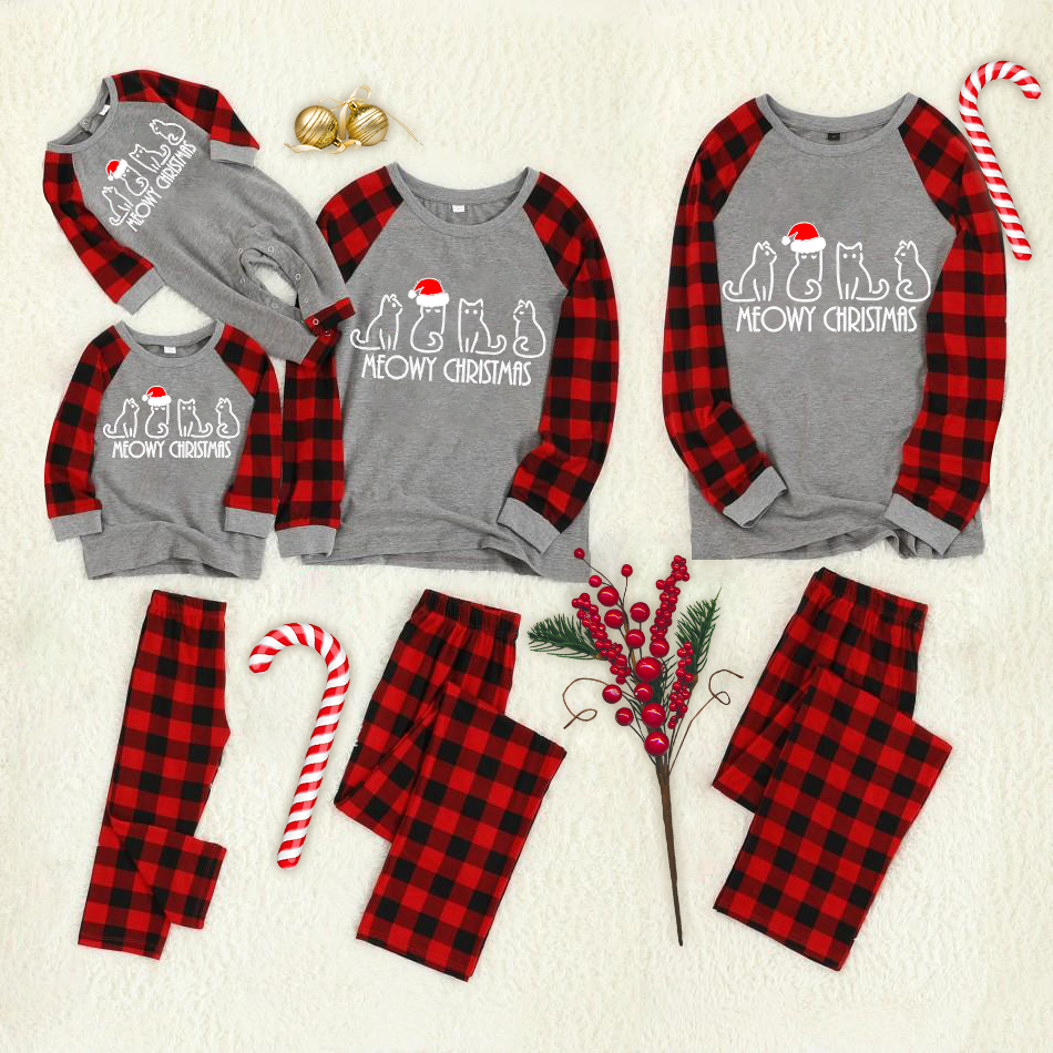 Christmas Cartoon Cat Pattern "Meowy Christmas" Letter Print Contrast Top and Plaid Pants Family Matching Pajama Set with Dog Bandana