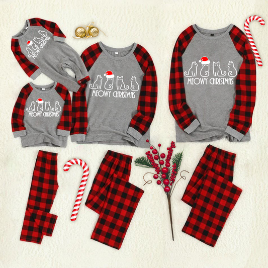 Christmas Cartoon Cat Pattern "Meowy Christmas" Letter Print Contrast Top and Plaid Pants Family Matching Pajama Set with Dog Bandana
