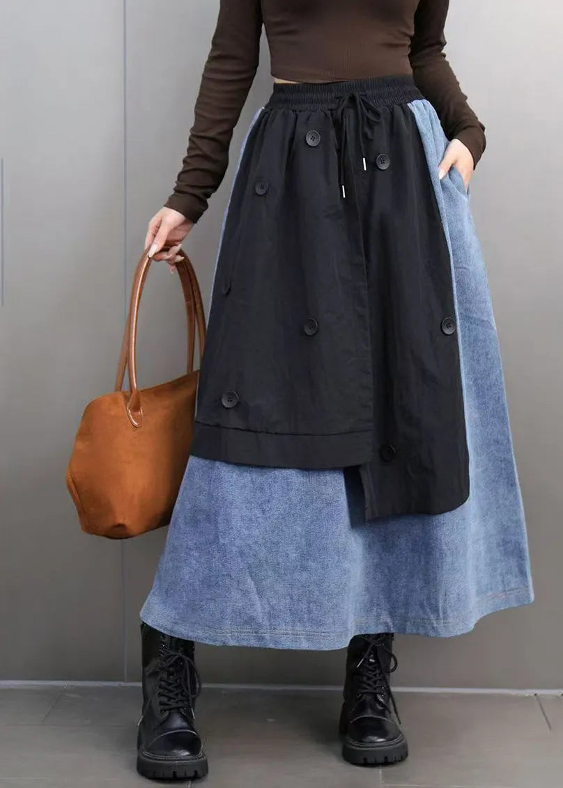 Loose Black Pockets Patchwork Deim a Line Skirts Spring