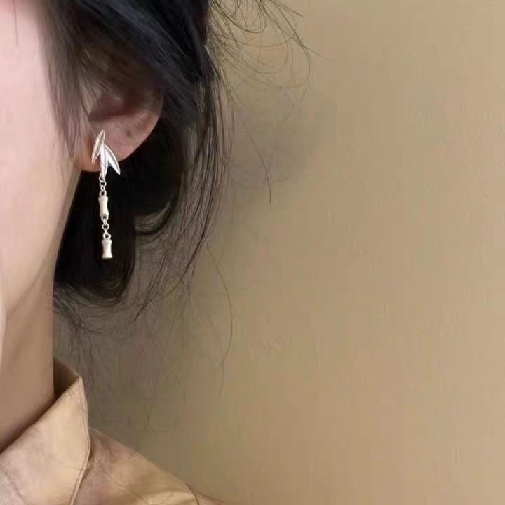 Silk Sterling Silver Bamboo Leaves Wind Chime Drop Earrings