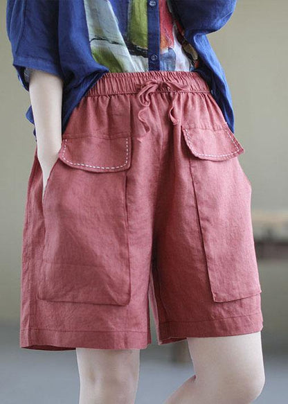 Art Red Tie Waist Patchwork Summer Hot Pants Linen