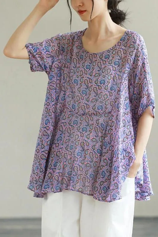 Leaf O Neck Irregular Print Loose T-shirt