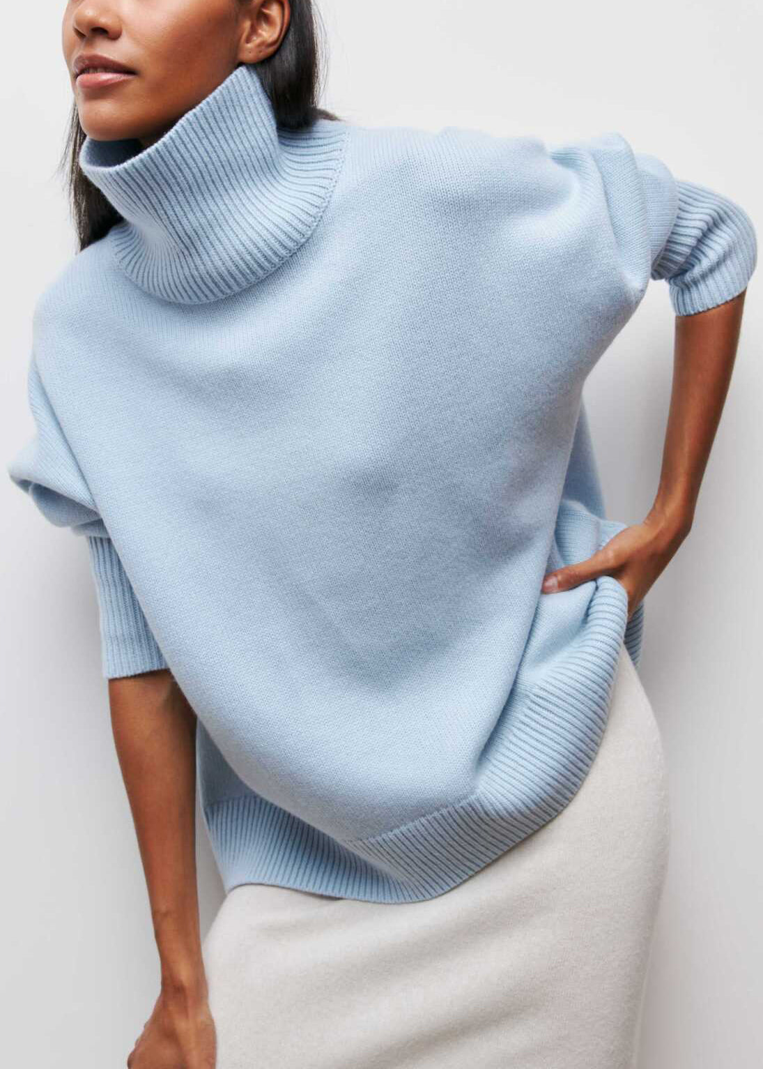 French Light Blue Hign Neck Knit Sweaters Spring