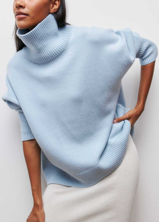 French Light Blue Hign Neck Knit Sweaters Spring